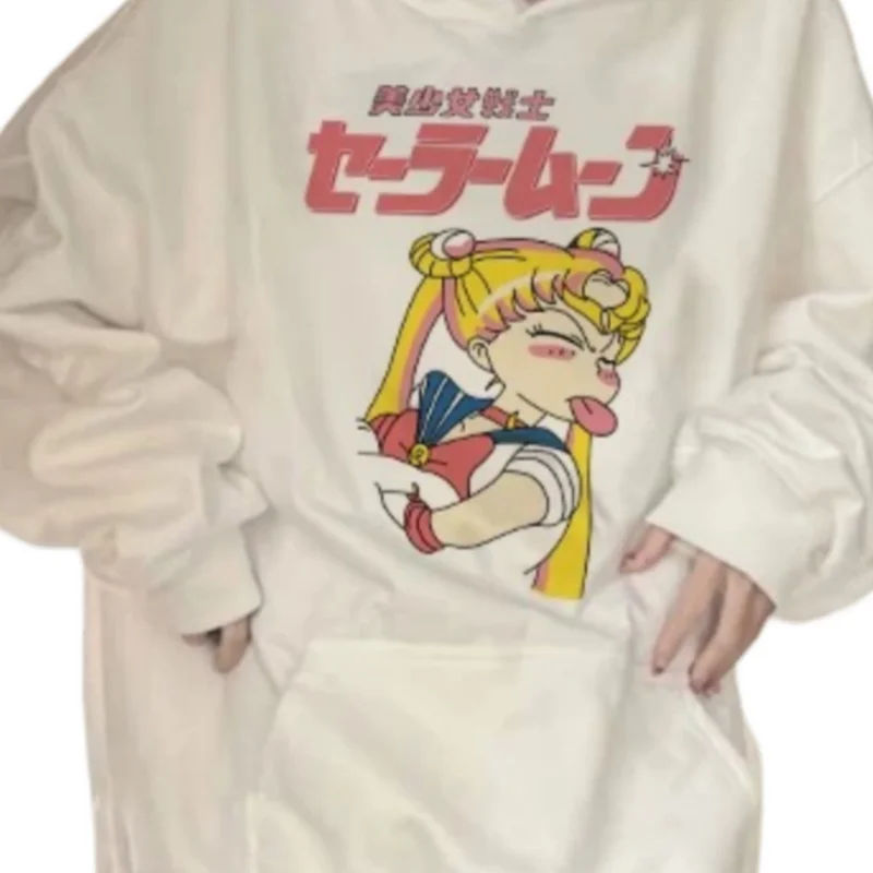 NASAOVER Sailor Moon Sweter Bertudung Lengan Panjang Mantel Atasan Kartun Longgar Wanita, Sweter Longgar Berkerudung Pria dan Wanita
