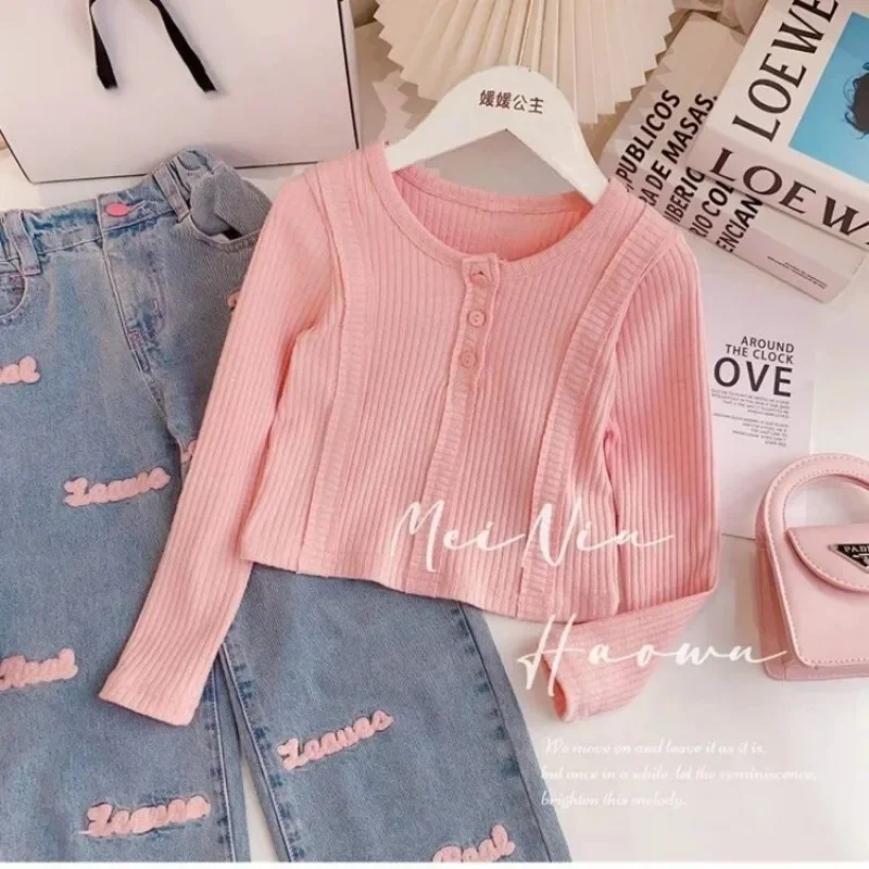

New Spring And Autumn Girls Set Korean Western-Style Children's Long Sleeved round Neck Waist Cinched Top Jeans Two-piece Set