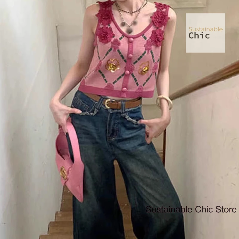 French rose three-dimensional flower knitted vest women's summer new temperament high fashion retro sleeveless vest sling.