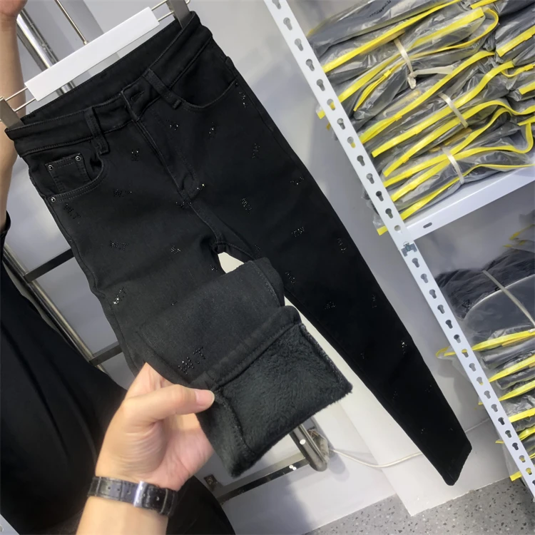 

Thicken Velvet Hot Drilling Black Denim Long Trousers 2022 New Fashion Winter High Waist Pencil Pants Stretch Tight Warm Jeans