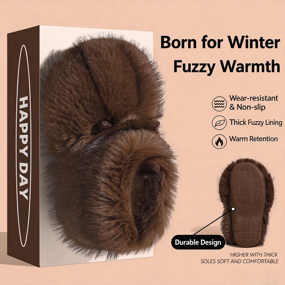 2027 Woman Warm Faux Fur Ankle House Shoes,Cozy Plush Wrap-around Winter House Slippers Trendy Long Plush Winter Slippers