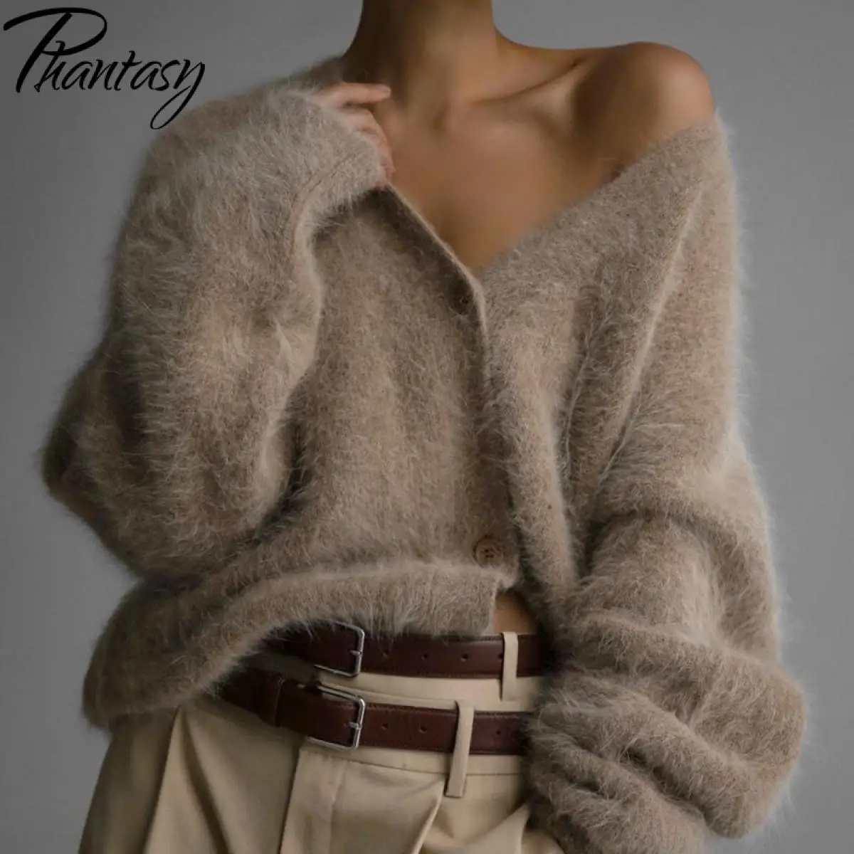 

Phantasy French Women's Knitted Jacket Fashion Loose Daily V-Neck Sweater Long Sleeve Button Solid Color Cardigan Vintage
