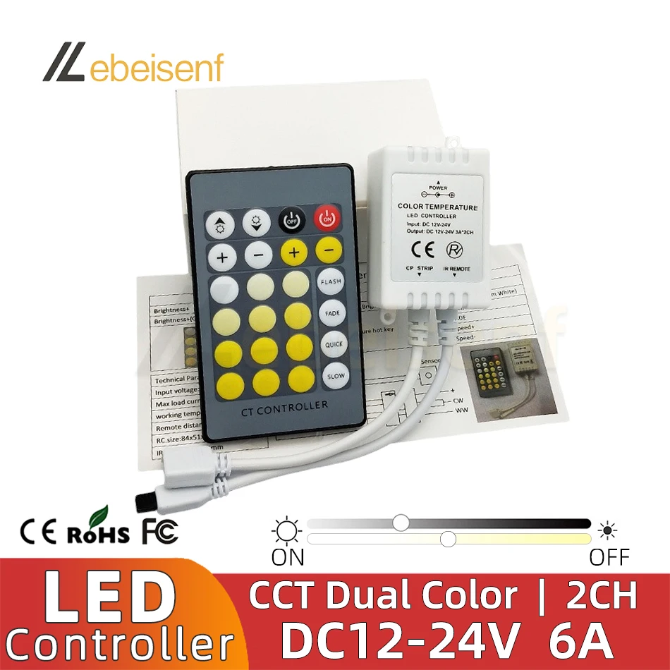 Dual Color LED Strip Controller 24-Key Wireless IR Remote Dimmer for DC 12V 24V BiColor Bar Lamp Module Lighting Fixture Control