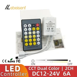 Dual Color LED Strip Controller 24-Key Wireless IR Remote Dimmer for DC 12V 24V BiColor Bar Lamp Module Lighting Fixture Control