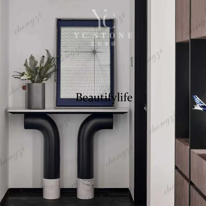French minimalist high-end natural marble entrance table column living room end-view table