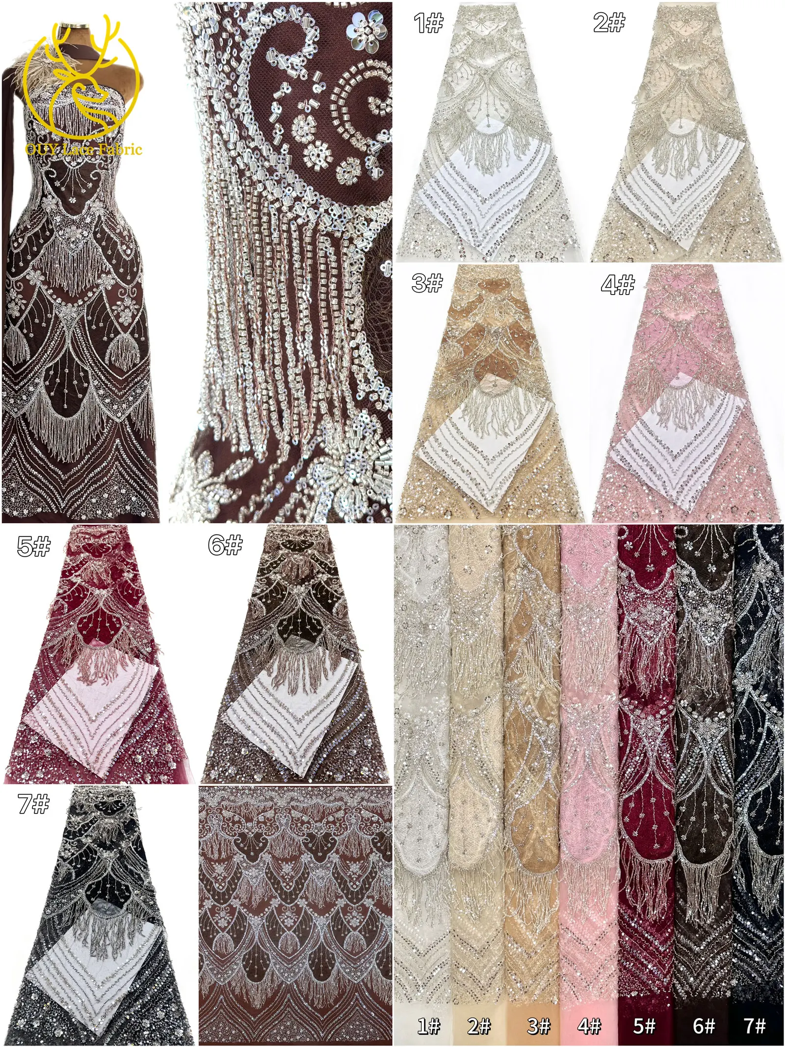 Neues Design 3D Laser Quasten-Perlen-Spitzenstoff Luxuriöser Hochwertiger Afrikanischer Pailletten-Spitzenstoff für Damen-Abendkleider zum Nähen – Detail 3