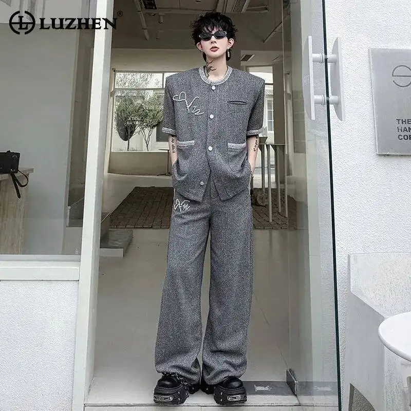

LUZHEN 2026 Summer Pearl Patchwork Decorate Short Sleeve Shirts Men's Straight Casual Pants Shoulder Pad Two-piece Sets JY7046