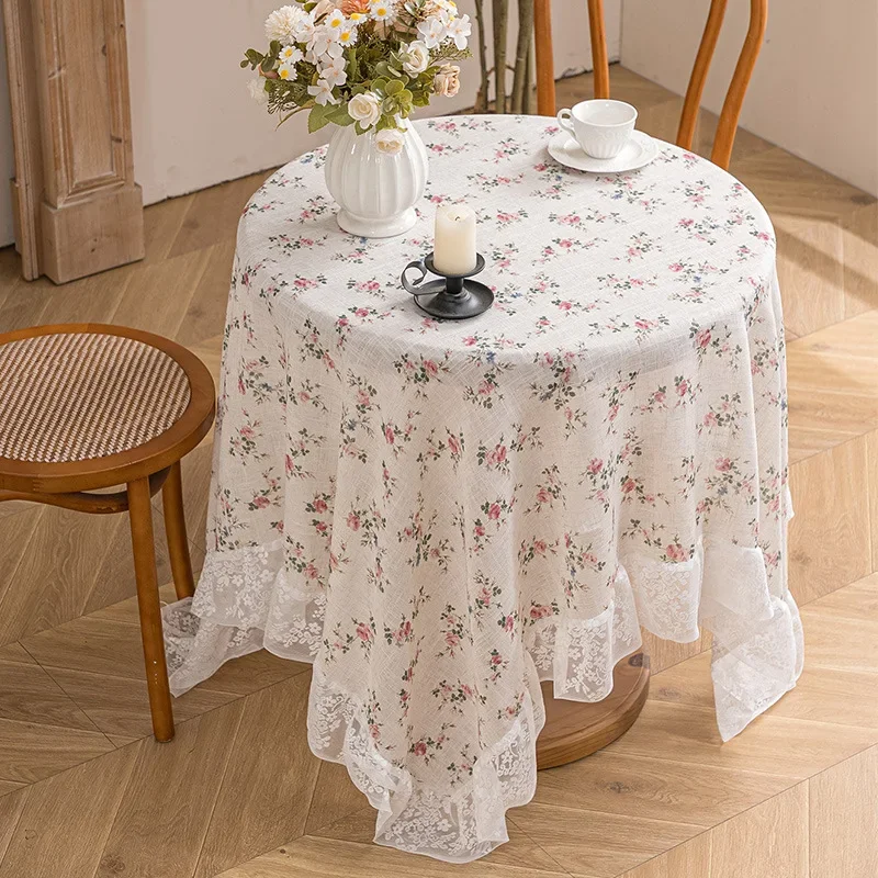 Pastoral Style Tablecloth Floral Ruffled Edges Decoration Imitation Linen Tablecloths Courtyard Decorative Table Cloths