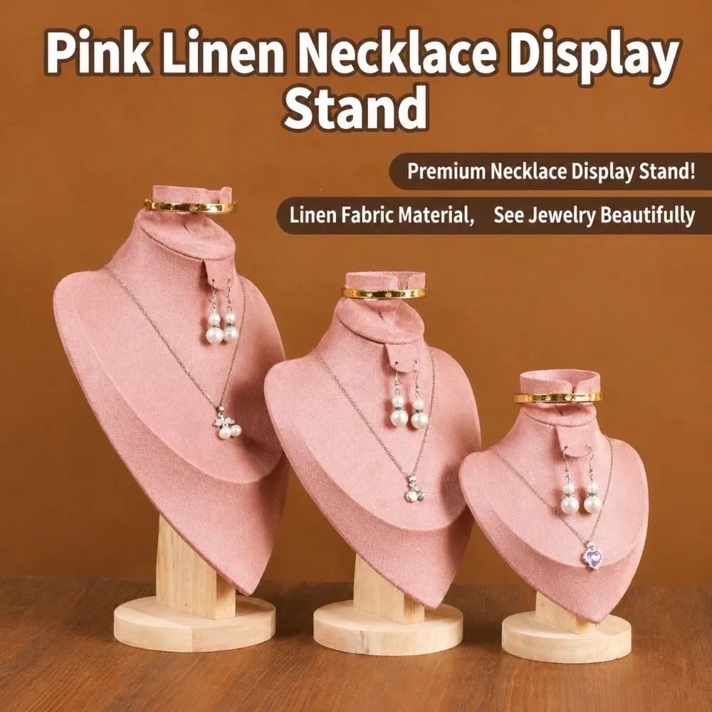 Solid Wood Jewelry Display Bust 3 In 1 Design Velvet Surface Jewelry Stand Pink Velvet Cover Human Neck Shape Jewelry Showcase