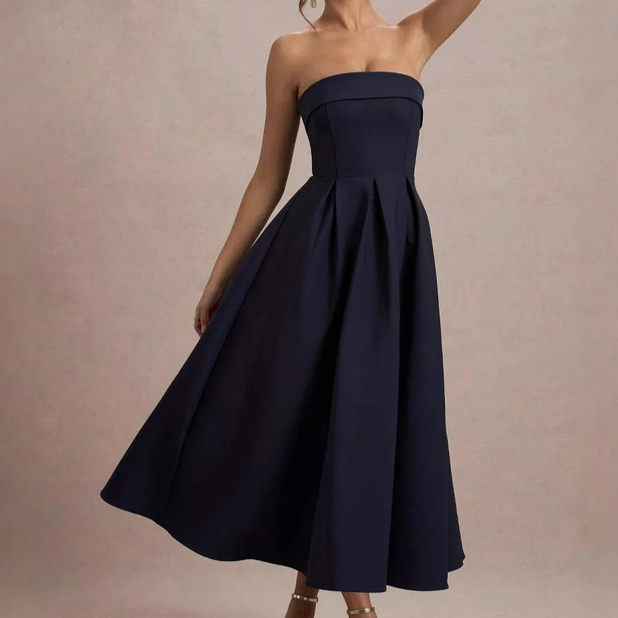 Temperament Tube Top Evening Dress Women Solid Color Elegant A-line Sleeveless Long Dresses Ladies Party Prom Banquet Vestidos