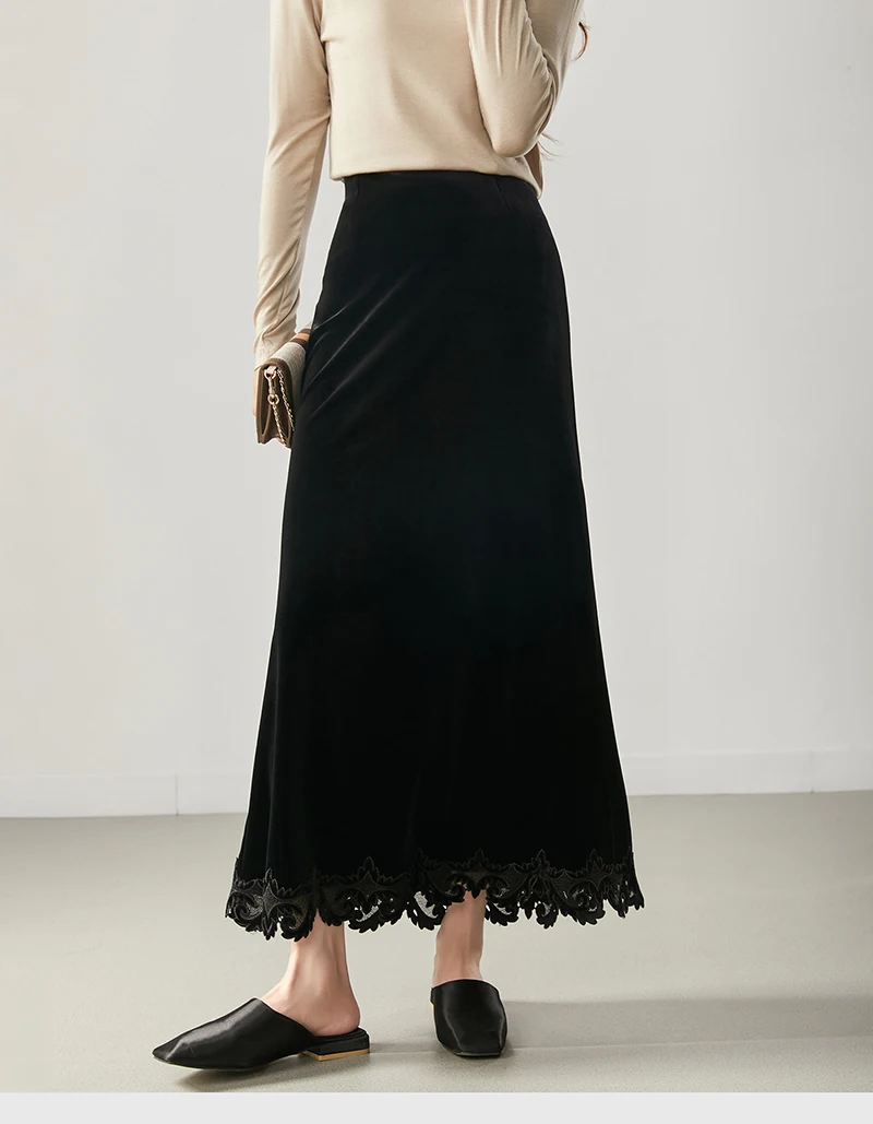 Vestido largo hasta el suelo cosido con borde de encaje de media longitud de terciopelo de seda para mujer con estilo de cola de pez, elegante, romántico, informal y lujoso.