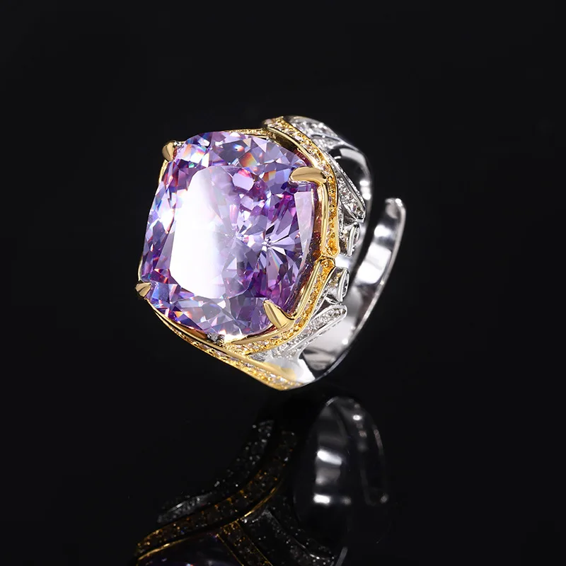Two Tone Gold Silver Plated Cushion Cut CZ Adjustable Open Ring Multi Color Imitation Gem Women Party Statement Finger Jewelry