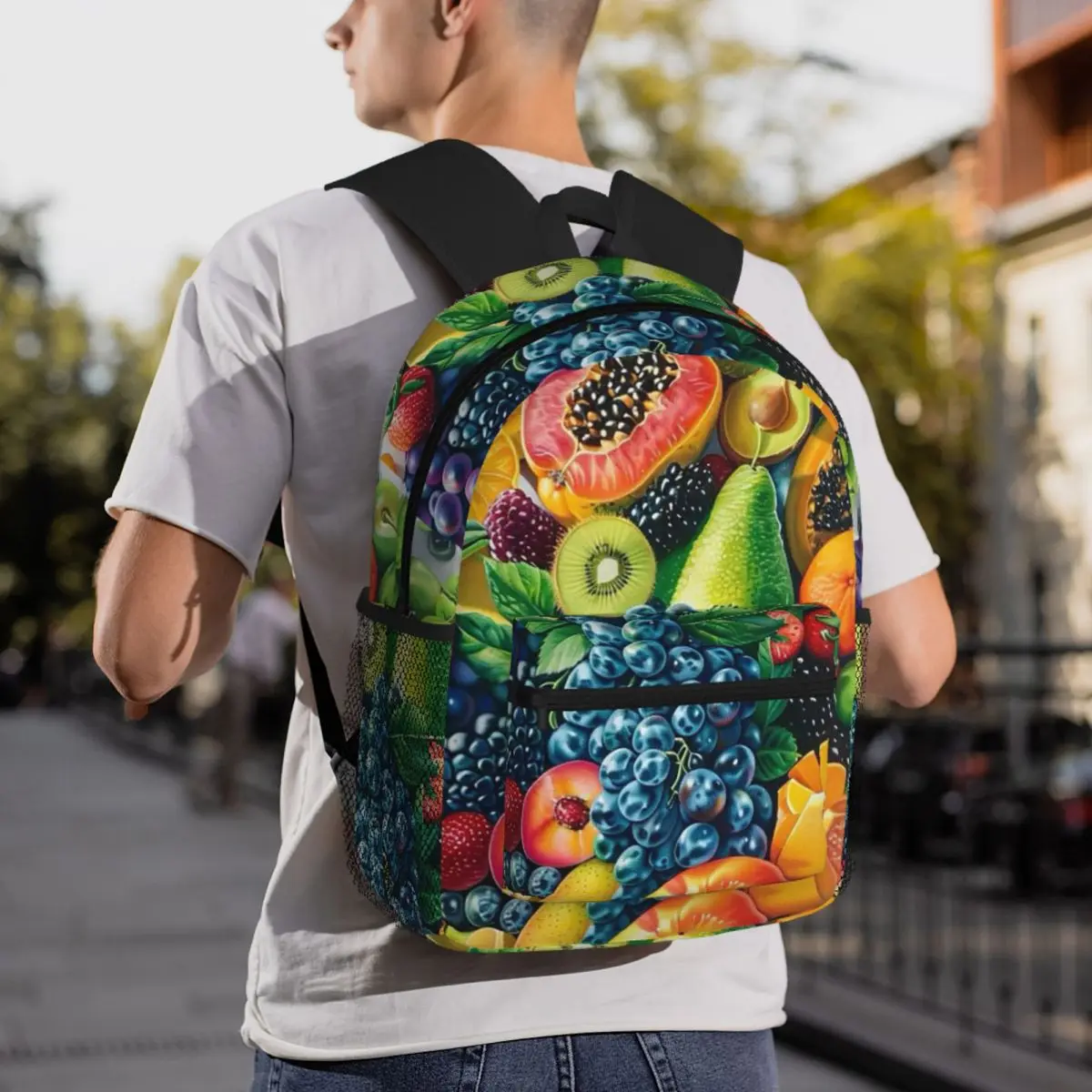 Fruit Print With Strawberries Grapes Apples Kiwi Lemon Grapefruit Backpack Student BookBag School Bag Shoulder Bags for MUnisex