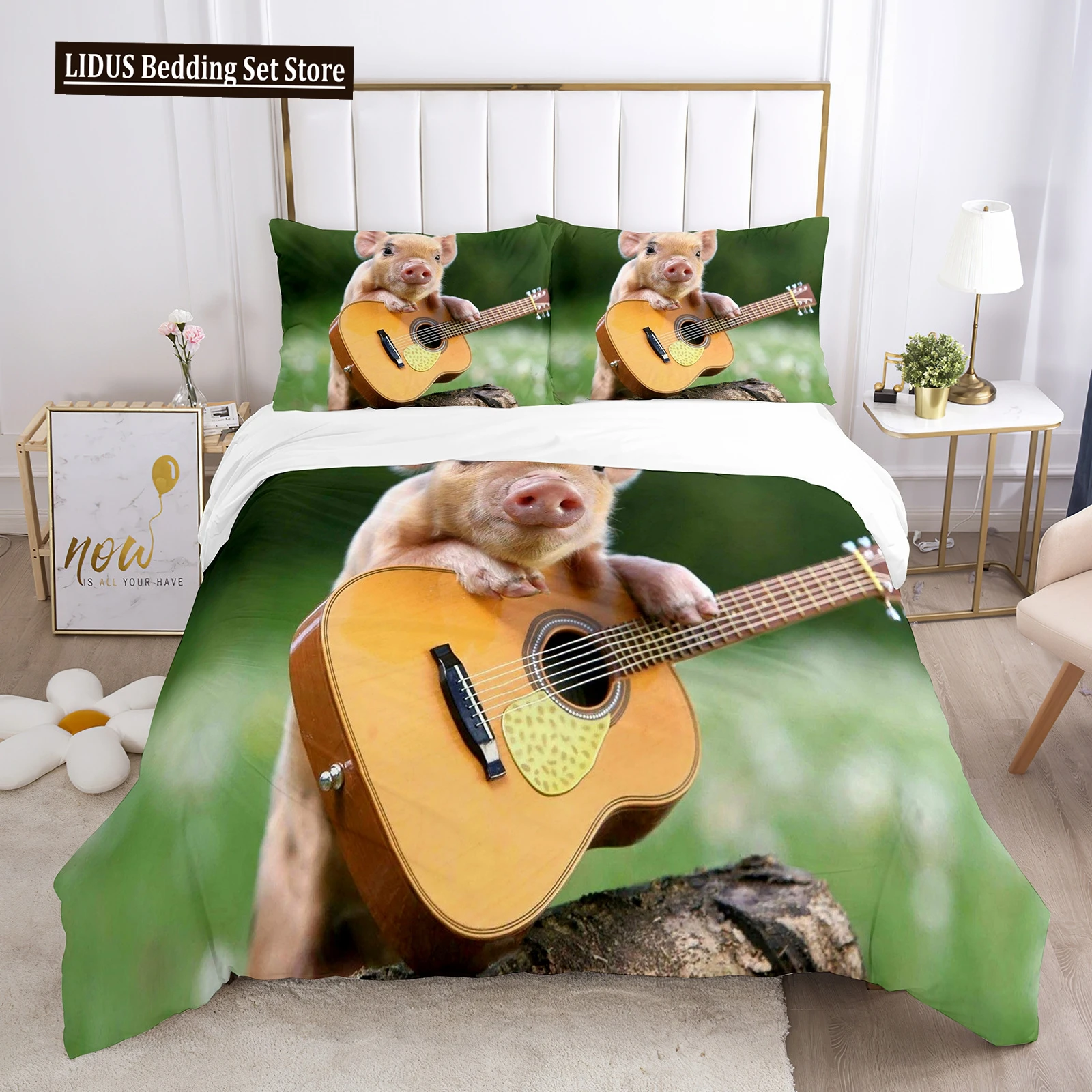 

Pig Duvet Cover Set Pig Play Guitar Cute Animals Theme King Queen Twin Full Size For Kids Boys Girls Teens Polyester Bedding Set