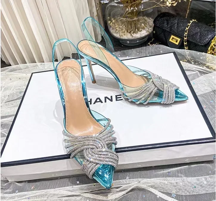 Blue Rhinestone Single Shoe Pointed Thin Heel Transparent Super High Heels Versatile Sandals