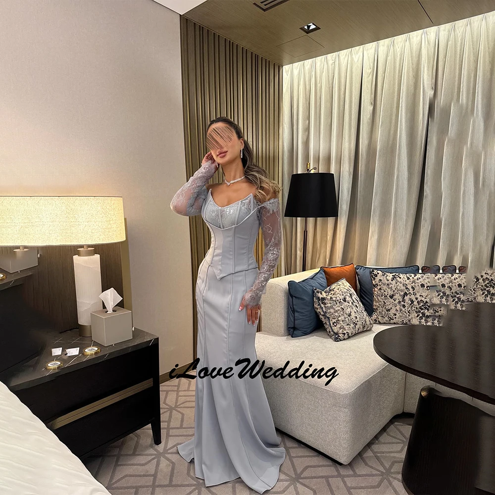 

Modern Long Sleeves Light Blue Mermaid Satin Evening Dresses Elegant Lace Off The Shoulder Pleated Formal Prom Dresses Customize