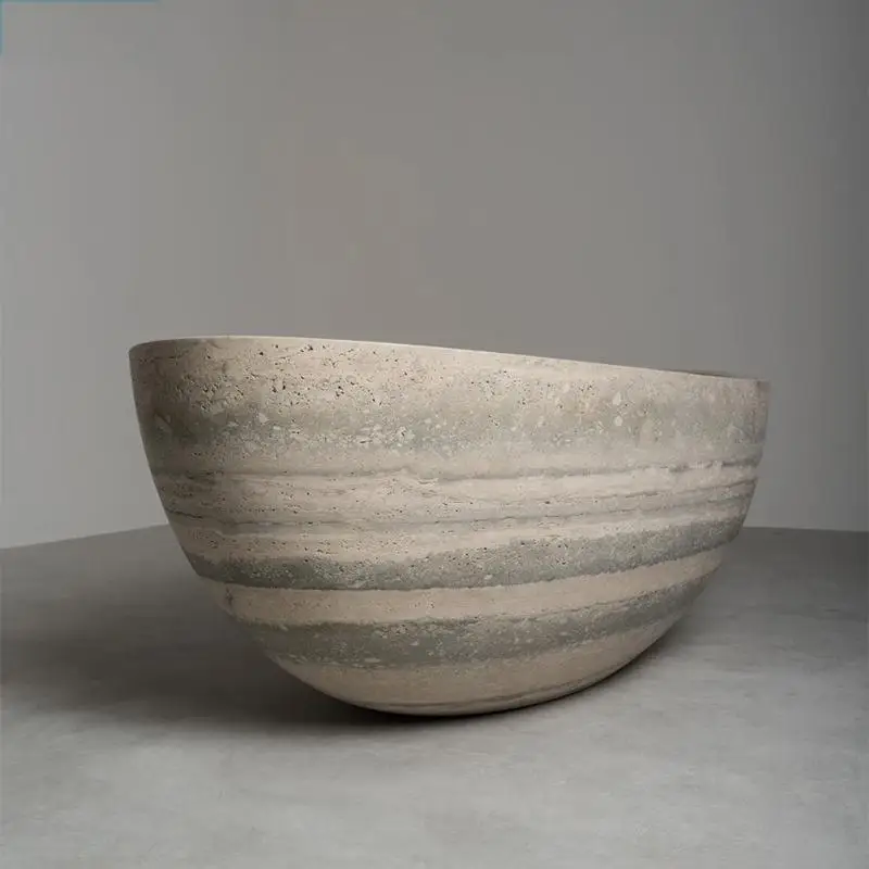 Natural Marble Bathtub, Carved Minimalist Luxury, Custom Hotel/Villa Bathroom, Artistic， Indoor/Outdoor Shower, One-Piece Design