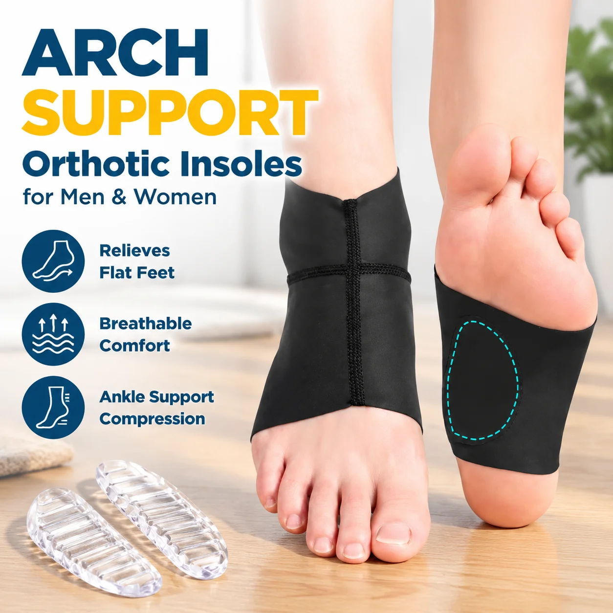 Arch Support Orthotic Insoles for Men and Women, Flat Feet Breathable Foot Cushion, Ankle Support Compression Socks