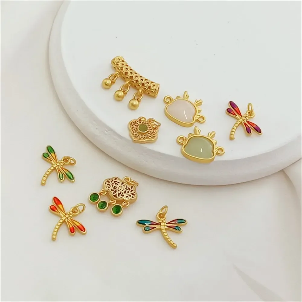 

Ancient-style Golden Oil Droplet Dragonfly Ruyi Pendant Curved Tube White Jade Dragon Pendant Handcrafted DIY Jewelry Accessorie