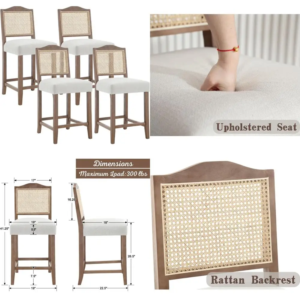 

Set of 4 Rattan Counter Height Bar Stools with Backrest, Wooden Upholstered Chairs for Breakfast, Farmhouse Kitchen, and Island