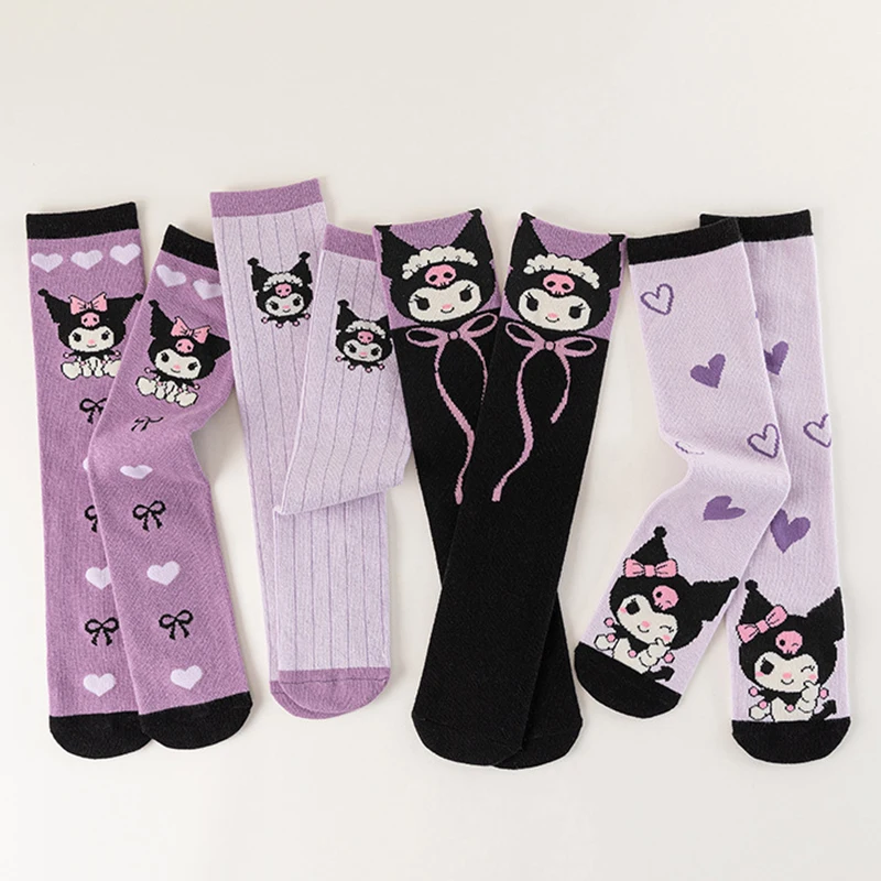 4 Paar hochwertige gerade Damensocken mit Cartoon-Anime-Charakter-Kuromi-Muster, bequeme und weiche, lässige Damensocken