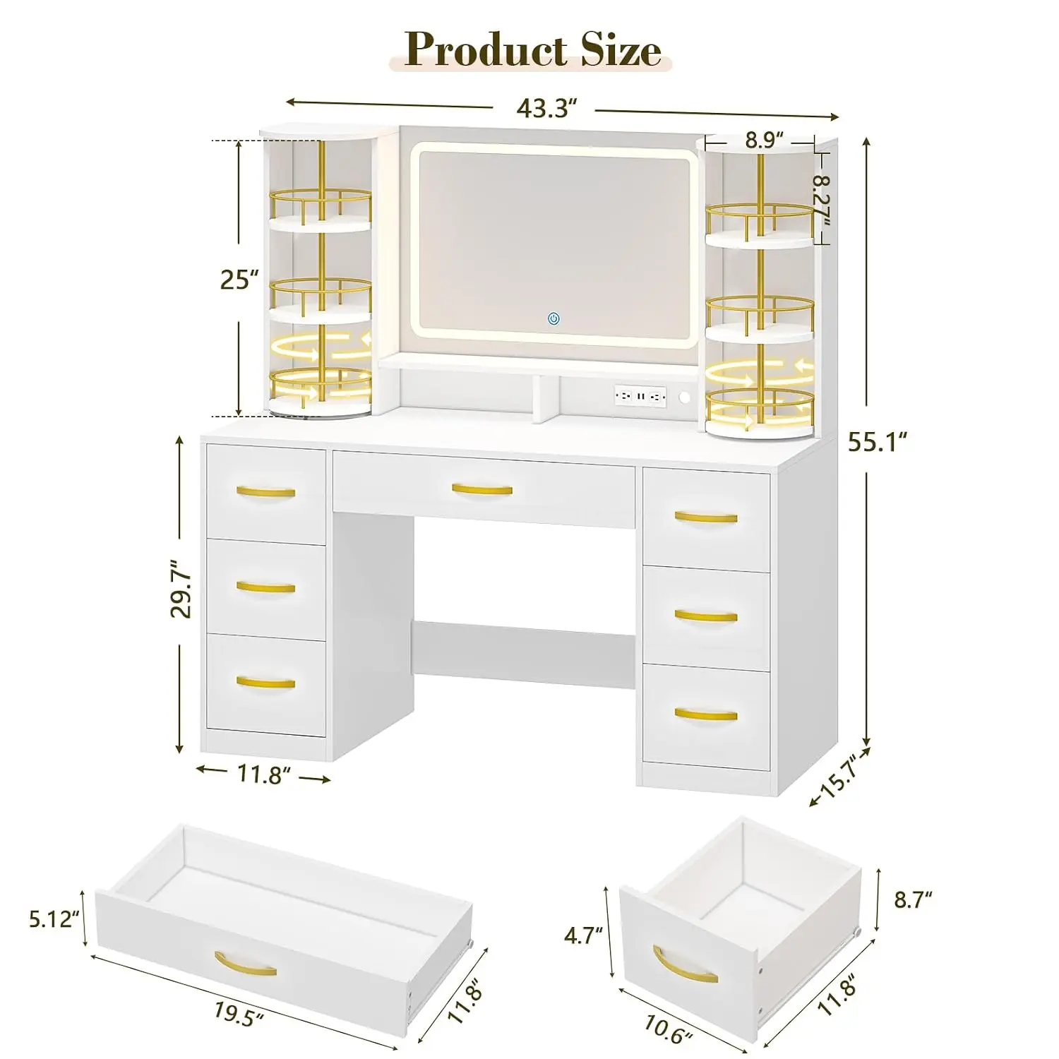 Vanity Desk with Mirror and Lights, 360° Rotating Shelves, 7 Drawers | White Makeup Vanity Table, Large Vanity Desk, Customized