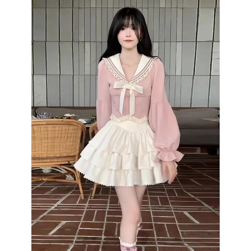 French New Bow Sweet Lace Pink Blouse Kawaii Ballet Design Mini Skirt Fashion High Street Youthful Women's Two-piece Set