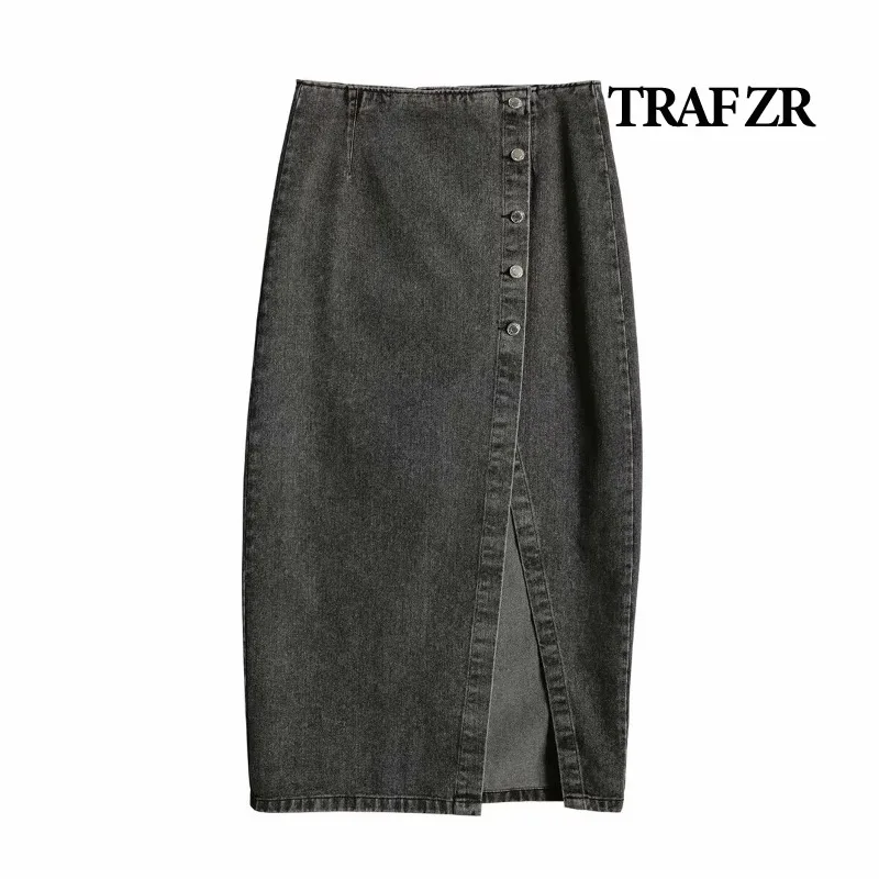 TRAF ZR Mid Skirt Streetwear Chic Elegant Woman Set Shorts Jeans Evangelical Women\'s Skirts Split Y2k  New Asymetric Skirts