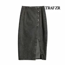 TRAF ZR Mid Skirt Streetwear Chic Elegant Woman Set Shorts Jeans Evangelical Women's Skirts Split Y2k  New Asymetric Skirts