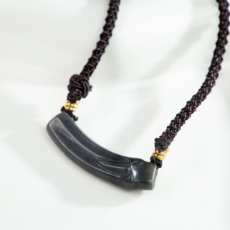 TIMESWIND Simple Natural Jade Black Bamboo Joint Leaf Pendant Men Necklace with Certificate - Image 3
