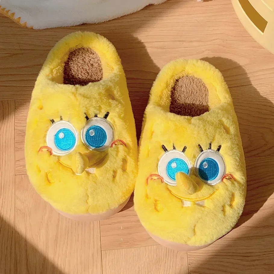 New Kawaii Spongebob Squarepants Kids and Adult Couple Cotton Slippers All and Half Inclusive Warm Non-Slip Winter Slippers