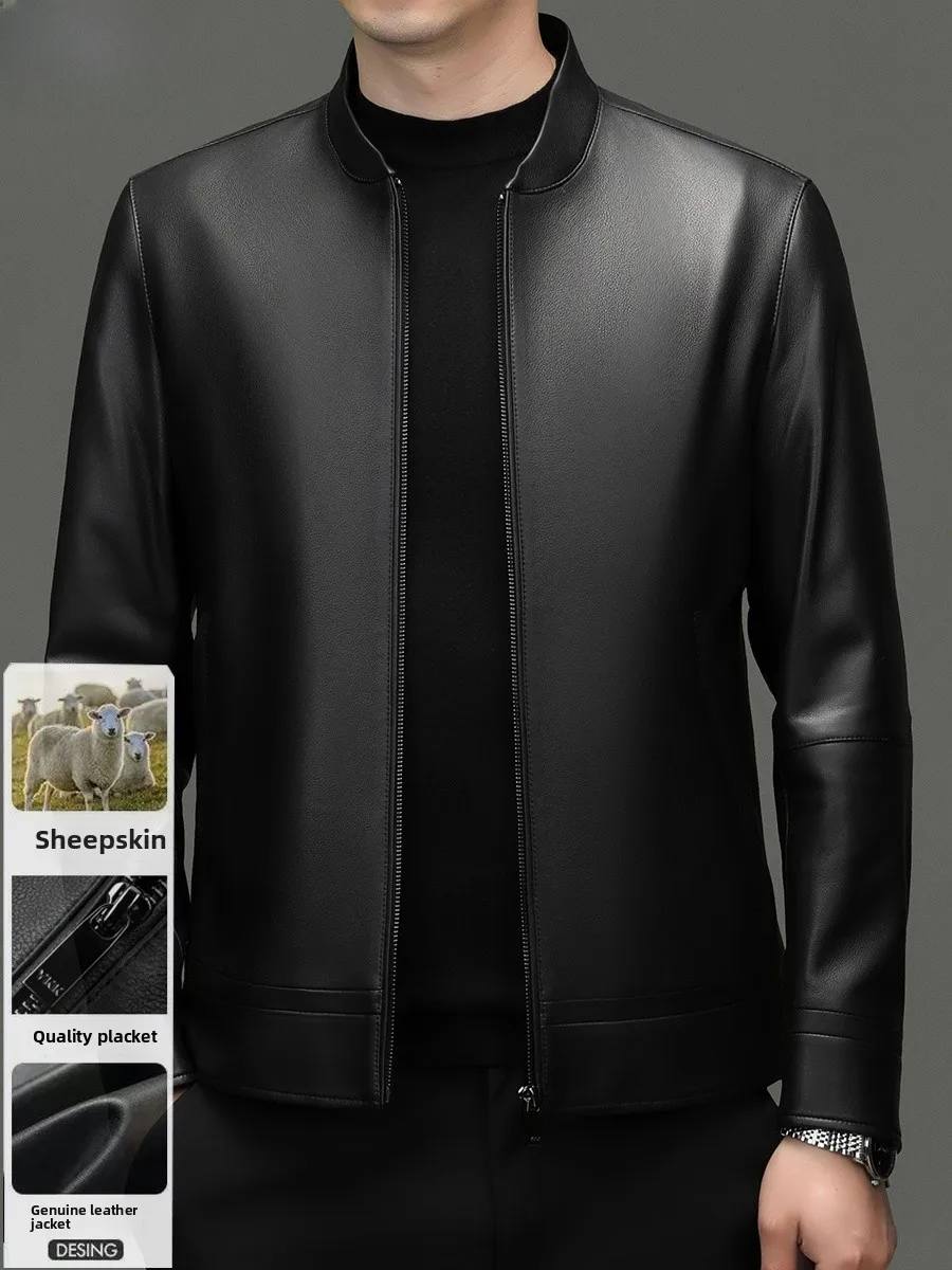 

Faionable Casual Leather Jaet Men's Busin Leisure Top Layer eepskin Stand Collar Coat Antioxidant Polyester