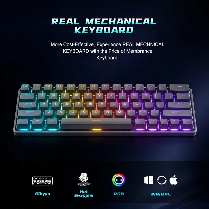 

Новая оригинальная механическая проводная игровая клавиатура 2026 года с RGB-подсветкой, поддержкой горячей замены, 61 клавиша