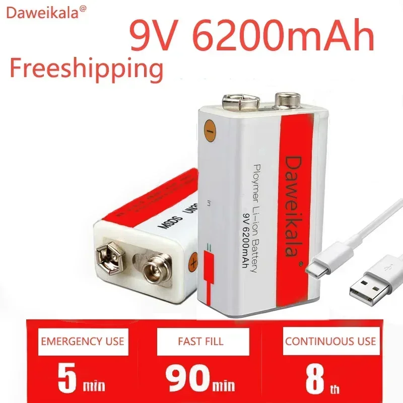 New 9V Square Rechargeable Lithium ion Battery USB Multimeter Microphone 6F22 Guitar Instrument 9V Square Large Capacity Battery