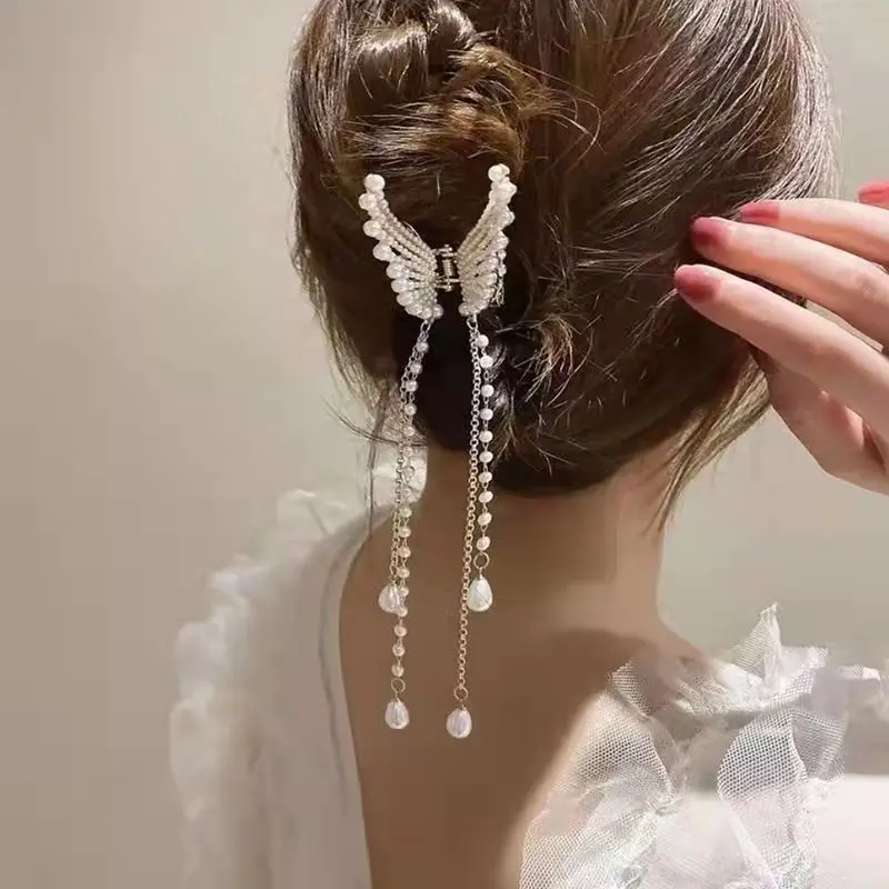 

Супер фея-бабочка с кисточкой и бриллиантовым жемчугом, крылья ангела, захват для волос на затылке, женский летний артефакт для волос на половину галстука