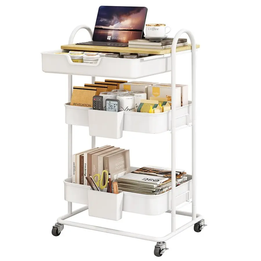 

Трехуровневая тележка-органайзер на колесиках с плавно скользящими ящиками, деревянной столешницей и подвесными корзинами для кухни, художественной студии, офиса