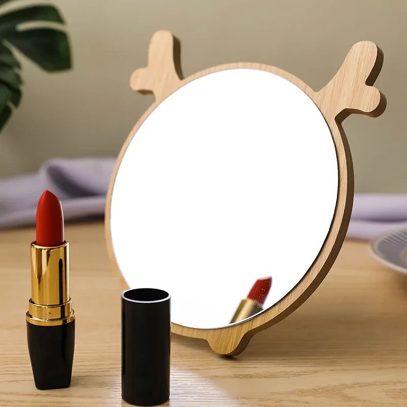 Dormitory Student Desk Top Standing Vanity Mirror Girls' Lovely Cartoon Wooden Vanity Mirror Women's Cute Makeup Tools