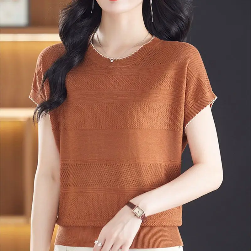 New Summer Solid Color Round Neck Short Sleeve Knitted Sweater Loose Ice Silk Stylish Thin Top