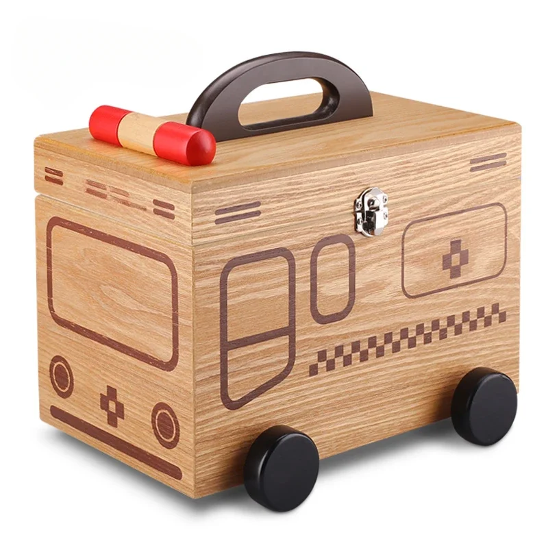 Household Wooden Medicine Box Medical Visit First Aid Kit Large Number Medicine Storage Box Family First-Aid Kit