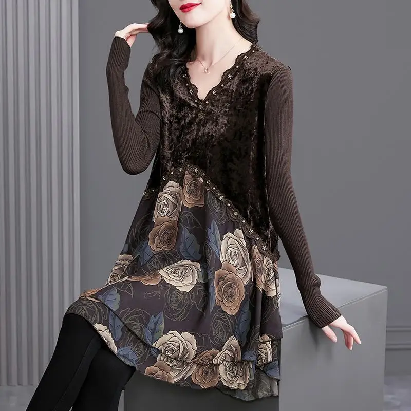 Vintage Printed Spliced Beading Fake Two Pieces Mini Dress Women\'s Clothing 2023 Autumn Winter Loose Office Lady Ladies Dresses