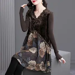 Vintage Printed Spliced Beading Fake Two Pieces Mini Dress Women's Clothing 2023 Autumn Winter Loose Office Lady Ladies Dresses