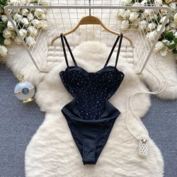 Hotsweet Backless Elegant Sleeveless Chic Rhinestone Bodysuits Straps Top Sexy Beach Vacation High Street Summer Autumn Jumpsuit