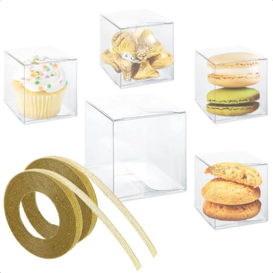 

200 Pack 2x2x2 Inch Clear Favor Boxes with Gift Ribbons Small Treat Boxes Transparent Cube Box Plastic Gift Boxes Individual ar