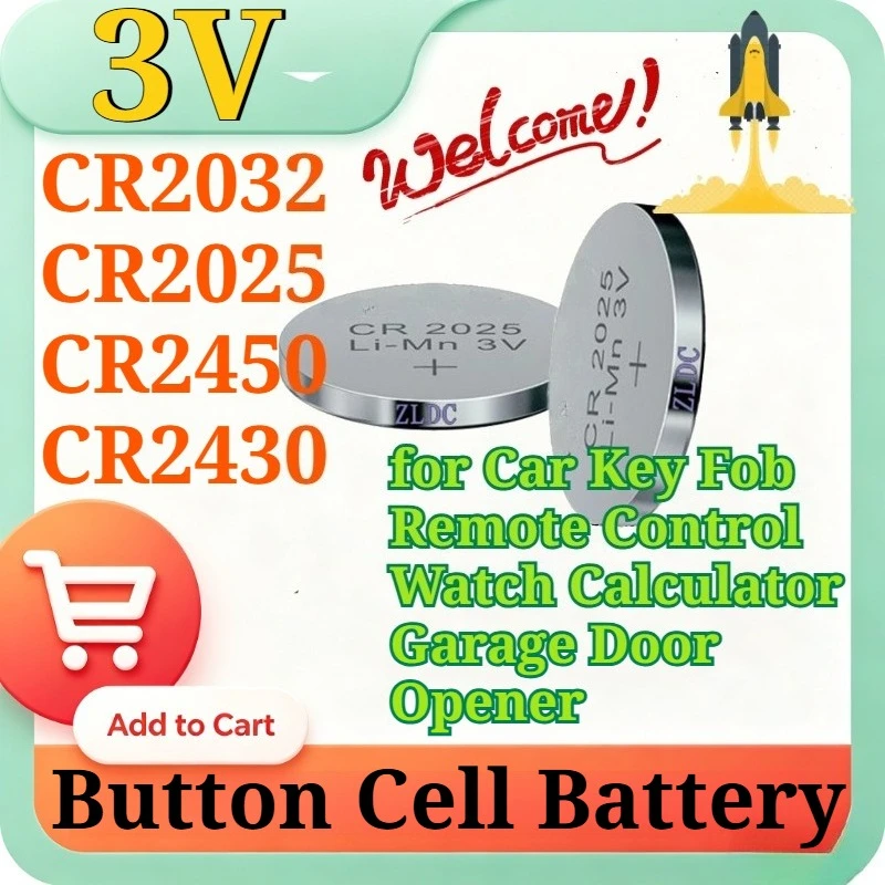 CR2032 CR2025 CR2450 CR2430 3V Lithium Coin Battery for Car Key Fob Remote Control Watch Calculator Garage Door Opener Battery