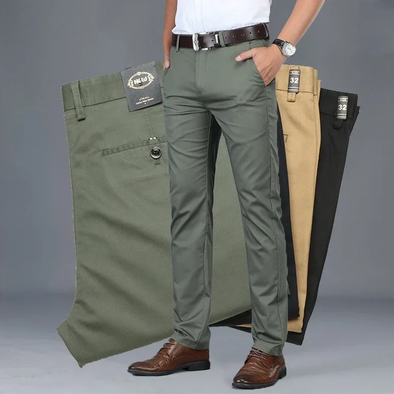 High Quality Soft Thin Cotton Casual Pants Mens Clothing Straight Office Business Green Black Khaki Trousers Male Brand