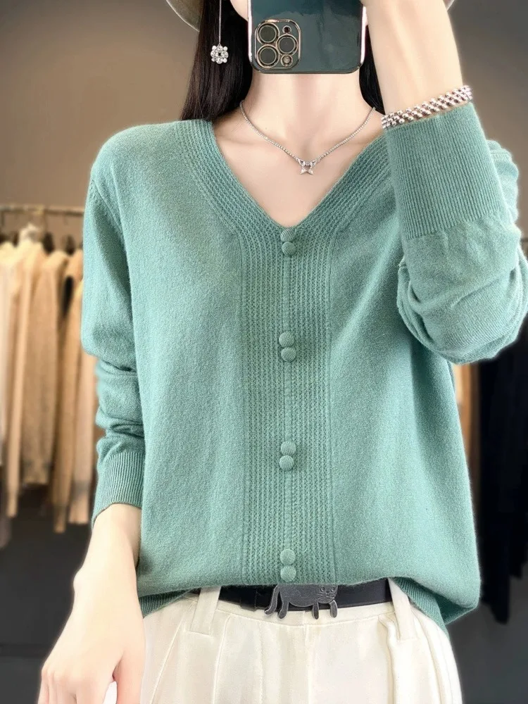 

00% трикотаж из чистого хлопка с v-образным вырезом, женский свитер, весна-осень, новая свободная основа, внутренняя одежда, корейский слэ, удобная посадка
