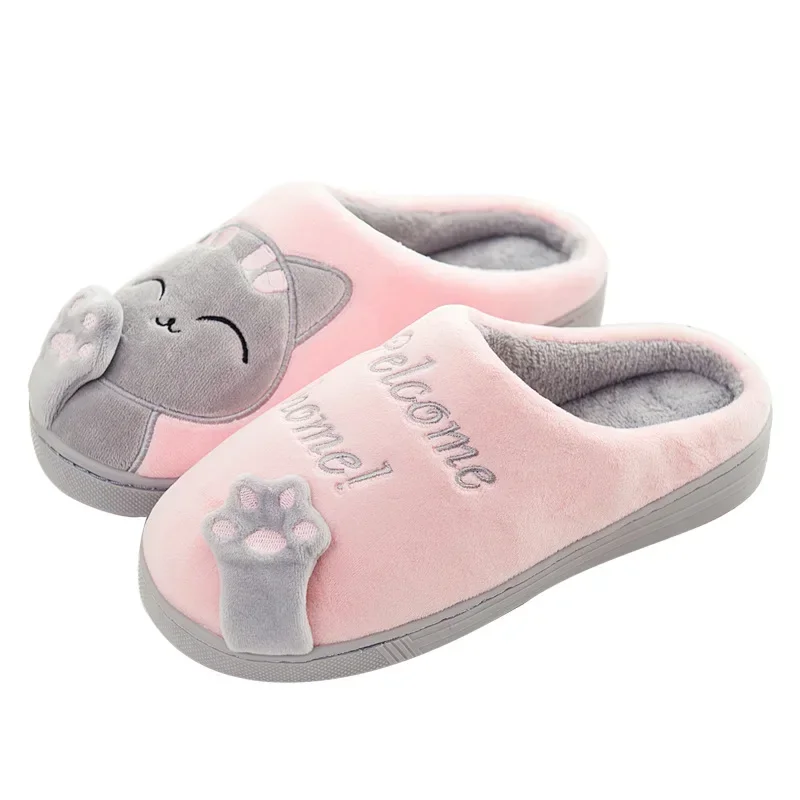 Winter Home Slippers Women Shoes Cute Cartoon Cat Slippers Men Plush Warm Slides Indoor Bedroom Non-Slip Floor Couple Shoes
