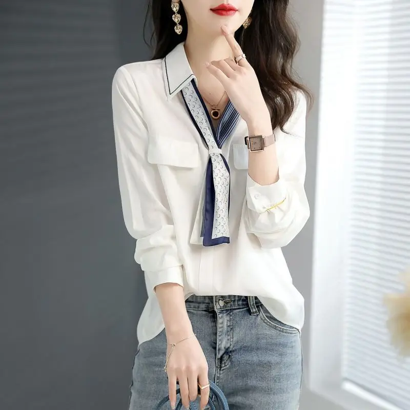 Elegant V-Neck Button Spliced All-match Lace Up Blouse Women\'s Clothing 2023 Spring New Casual Pullovers Loose Office Lady Shirt