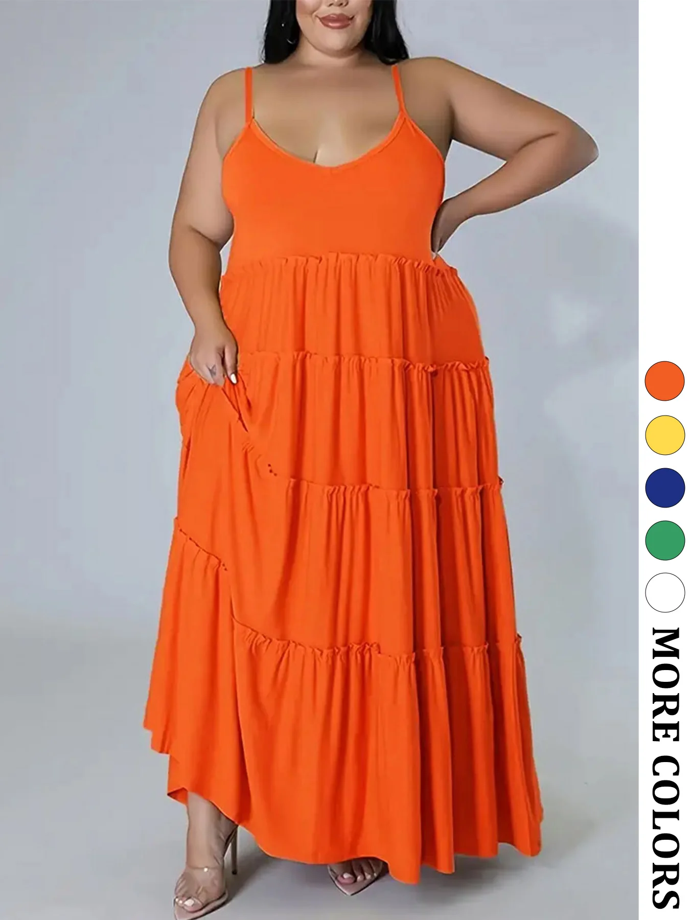 

Plus Size Women's Casual Spaghetti Strap Dress – Ruffled Tiered Maxi Dress for Brunch, Beach, and Vacation