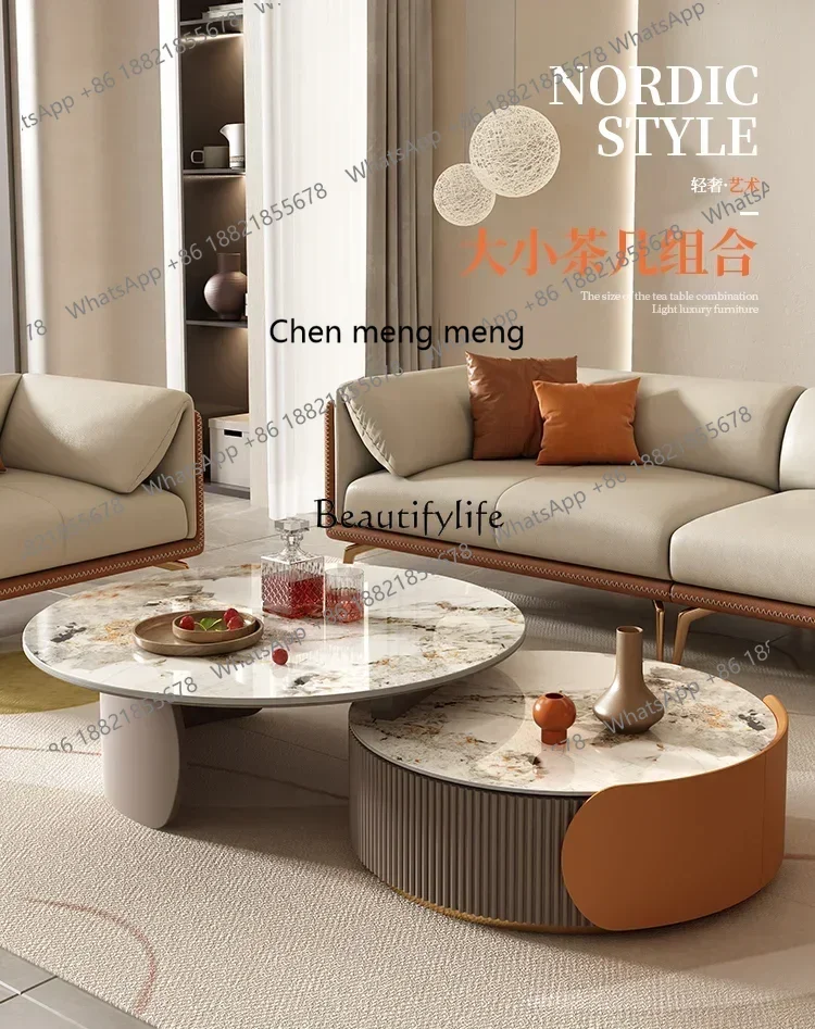 신상품 라이트 럭셔리 록 슬래브 TV 캐비닛 조합 거실 가구 확장형 원형 커피 테이블 7304